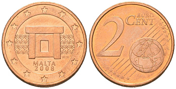 Мальта 2 евроцента 2008 F KM 126 сталь плакированная медью UNC 4548-535