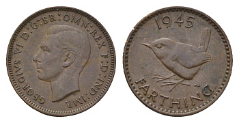 Великобритания 1 фартинг 1945 Георг VI (1936-1952) KM 843, Spink 4116 бронза 4516-1065