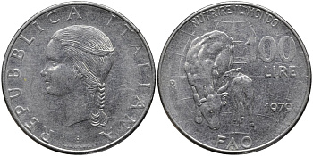 Италия 100 лир 1979 R, FAO, корова с теленком KM 106 нержавеющая сталь 4165-111