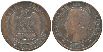 Франция 5 сантимов 1856 BB, Наполеон III (1852-1870) KM 777.3, LA FRANC 116.32 бронза 34-423