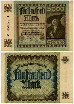 ГЕРМАНИЯ 5000 МАРОК 1922 2 ДЕКАБРЯ 1922, ВОДЯНОЙ ЗНАК Е, В ЗВЁЗДАХ G/D, ДЮРЕР Pick 81а бумага 3295-96-1