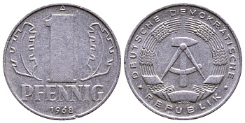 ГДР 1 ПФЕННИГ 1968 А КМ 8.1 алюминий 4110-1759