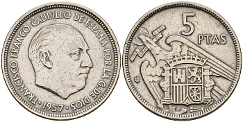 Испания 5 песет 1957 (59) Франсиско Франко (1939-1975) KM 786 медно-никель    4153-213