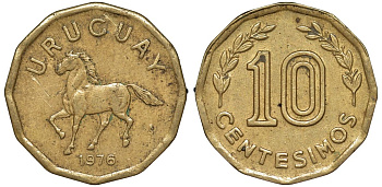 Уругвай 10 сентесимо 1976 KM 66 алюминиевая бронза 4164-734