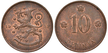 Финляндия 10 пенни 1938 KM 24 медь 51-3014