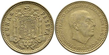 Испания 1 песета 1966 (75) Франциско Франко (1939-1975) КМ 796 алюминиевая бронза 110-1246