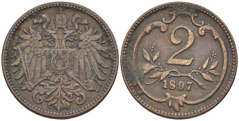 АВСТРИЯ 2 ГЕЛЛЕРА 1897 ФРАНЦ ИОСИФ (1846-1918) KM 2801 бронза 201-951