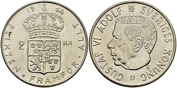 Швеция 2 кроны 1964 U, Густав VI Адольф (1950-1973) KM 827 серебро UNC 4517-541
