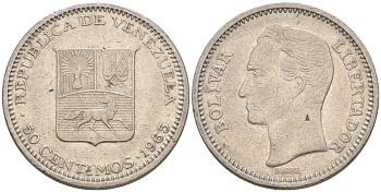 Венесуэла 50 сентимо 1965 Симон Боливар KM 41, Schon 51 никель 186-822