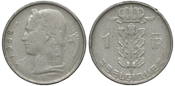 БЕЛЬГИЯ 1 ФРАНК 1958 BELGIQUE KM 142.1 медно-никель 72-1656