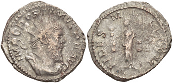 Римская Империя (императоры в Галлии) антониниан 260 - 269 Постум. IMP C POSTVMVS P F AVG / FIDES MILITVM, Фидея, персонификация Верности, с боевыми штандартами, Колония Агриппины, Very fine RIC 59 биллон 1073-12-57