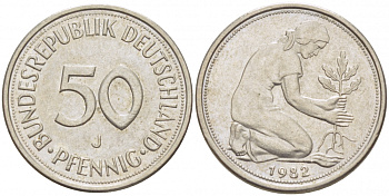 ФРГ 50 ПФЕННИГОВ 1982 J KM 109.2 медно-никель 4392-941
