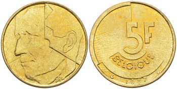 БЕЛЬГИЯ 5 ФРАНКОВ 1987 BELGIQUE, БОДУЭН I (1951-1993) KM 163 латунь или алюминиевая бронза 4546-253