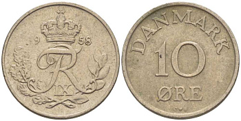 ДАНИЯ 10 ЭРЕ 1958 C; S, ФРЕДЕРИК IX (1947-1972) KM 841.2 медно-никель 4387-815
