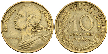 Франция 10 сантимов 1969 тип Марианна KM 929 медь алюминий никель    4152-1232