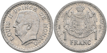 Монако 1 франк 1943 Луи II (1922-1949) KM 120 алюминий    4177-327