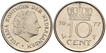 Нидерланды 10 центов 1977 Юлиана (1949-1980) KM 182 никель    4598-334