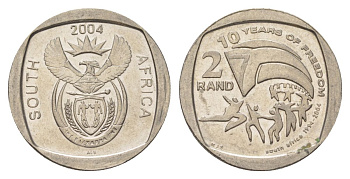 ЮАР 2 ранда 2004 10 лет первым всеобщим выборам KM 334 медь плакированная никелем UNC 4628-127