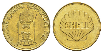 Франция жетон Shell - Человек в полете - Этьен и Жозеф Монгольфье 1969 диаметр 26 мм, вес 5 гр Kooij RS011.3a сталь плакированная латунью UNC 4633-1146