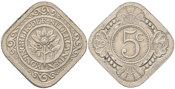 Нидерланды 5 центов 1913 Вильгельмина (1890-1948) KM 153 медно-никель 4621-855