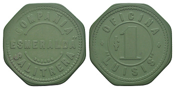 Чили, Луизис (Luisis), Антофагаста шахтерский жетон с Селитряного рудника для покупки в местных магазинах, номиналом в 1 песо около 1905 размер 42x42 мм, вес 4,70 гр Espinosa 189.3 эбонит (зеленый) 1078-1-53