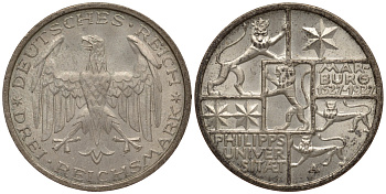 Германия 3 марки 1927 A, 400 лет Университету Марбурга J. 330, KM 53 серебро aUNC 00-806-22