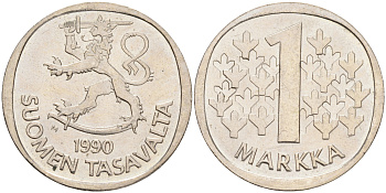 ФИНЛЯНДИЯ 1 МАРКА 1990 M KM 49а медно-никель UNC 4556-834