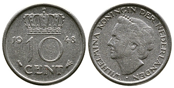 Нидерланды 10 центов 1948 Вильгельмина (1895-1948) KM 177 никель 261-629