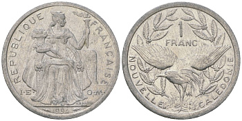 Французская Новая Каледония 1 франк 1994 птица кагу, (IEOM) KM 10, Schoen 10, Lec 52 алюминий 37-1235