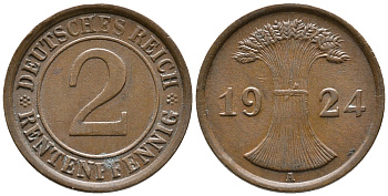 ГЕРМАНИЯ 2 РЕНТЕНПФЕННИГА 1924 A KM 31, J. 307 бронза 24-551