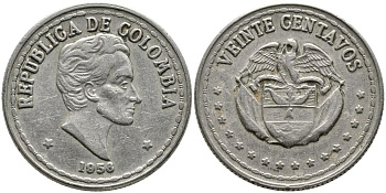КОЛУМБИЯ 20 СЕНТАВО 1956 СИМОН БОЛИВАР KM 215.1 медно-никель 3336-612