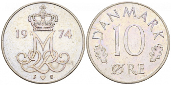 ДАНИЯ 10 ЭРЕ 1974 S; B, МАРГРЕТЕ II (1972-) KM 860.1 медно-никель 3996-1061
