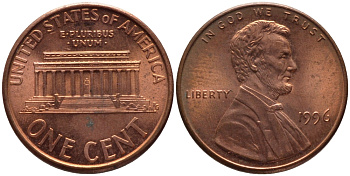 США 1 ЦЕНТ 1996 ЛИНКОЛЬН KM 201b цинк плакированный медью 66-1069