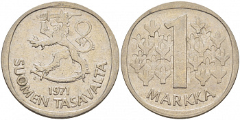 ФИНЛЯНДИЯ 1 МАРКА 1971 S KM 49а медно-никель 3718-714