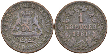 Нассау 1 крейцер 1861 KM 54, Kahnt/Sch?n 70, Jaeger 58, AKS 72 бронза 4388-425