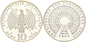 ФРГ 10 евро 2004 G, расширение Евросоюза KM 231, DE.S 10.14 серебро PROOF 06-266-22