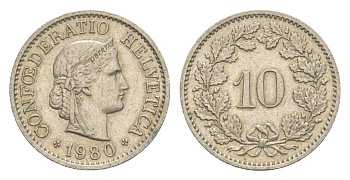 Швейцария 10 раппенов 1980 KM 27 медно-никель 4625-714