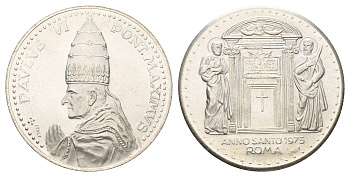 Ватикан медаль в честь объявление Папой Римским Павлом VI Юбилейного года (Anno Santo) 1975 Павел VI, диаметр 35 мм, вес 16,2 гр бронза плакированная серебро 4667-1145
