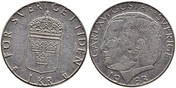 Швеция 1 крона 1983 Карл XVI Густав (1973- ) KM 852a медно-никель 4397-1056