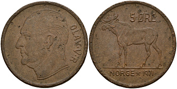 Норвегия 5 эре 1971 Улаф V (1958 - 1991) KM 405 бронза 4156-255