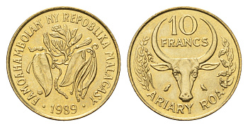 Мадагаскар 10 франков 1989 KM 11 алюминиевая бронза UNC 4588-1024