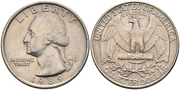США 25 центов = квотер 1989 P, Вашингтон KM A164a медь плакированная медно-никелем 4584-1247