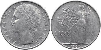 Италия 100 лир 1966 R, Афина в доспехах KM 96.1 нержавеющая сталь 4165-212