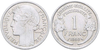 ФРАНЦИЯ 1 ФРАНК 1959 ТИП MORLON, LEGERE KM 885a.1, LE FRANC 221.23 алюминий 4519-834