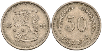 ФИНЛЯНДИЯ 50 ПЕННИ 1937 S KM 26 медно-никель 192-1117