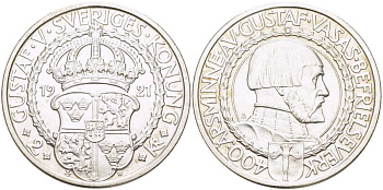 Швеция 2 кроны 1921 W, Густав V (1907-1950), 400 лет политических свобод KM 799 серебро 413-1045