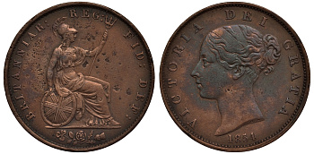 Великобритания 1/2 пенни 1854 Виктория (1837-1901) KM 726, Spink 3949 медь 4111-515