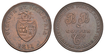 Великобритания, Бристоль, Сомерсет 1 пенни 1811 токен, рубчатый гурт, Британская медная компания Withers 430 медь 3711-522