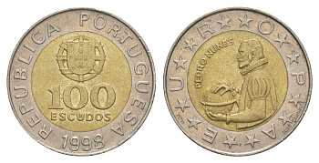 Португалия 100 эскудо 1998 Педру Нуниш (1502-1578), математик KM 645 биметалл 4391-1053