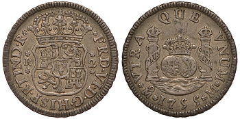 Мексика 2 реала 1755 M, монетный двор Mo (Мехико Сити), Фердинанд VI Испанский KM 86 серебро 00-000-00